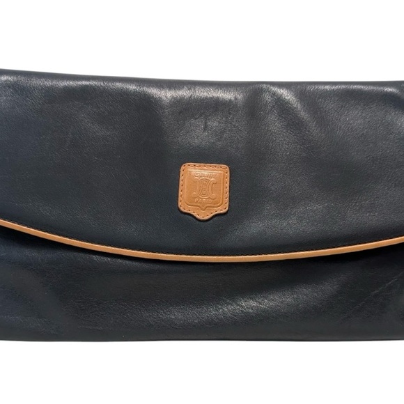 CELINE Clutch Bag Hand bag Purse Triomphe Leather Black Vintage Authentic - Picture 1 of 16